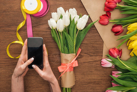 在春花旁边使用智能手机用木本上带有郁金背景图片