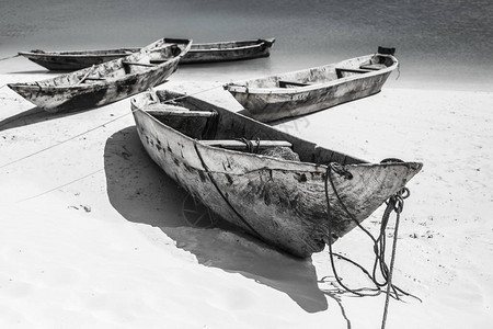 美丽的桑给巴尔海岸线在沙滩上的木制渔夫船黑白图片图片