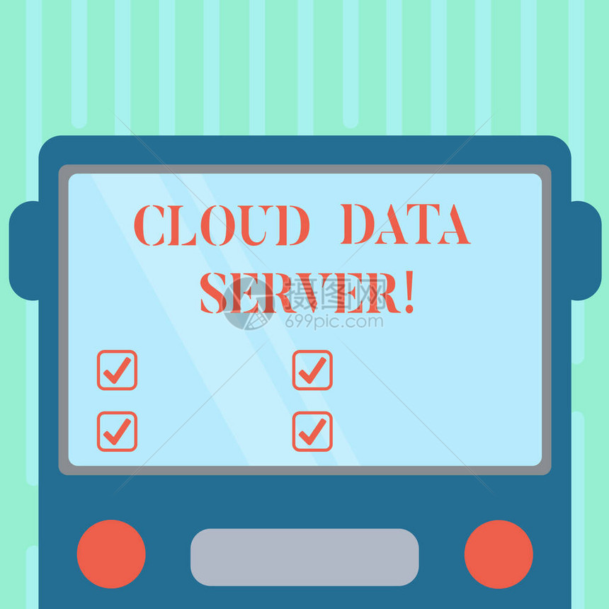 文字书写文本云数据服务器通过计算平台互联网互联网绘制的具有空白彩色窗罩反射的公共汽车平面前视图片