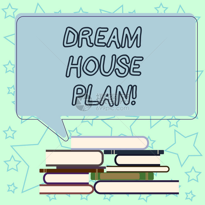 手写文字书写梦想之家计划概念意思是定义所有规格的施工作图不均匀堆的精装书和空白矩形图片
