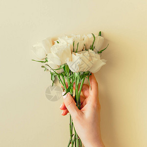 手拿着鲜白玫瑰花束图片