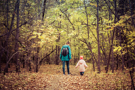 母女俩在秋林中散步图片