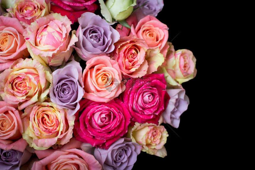 美丽的玫瑰花束在一个礼品盒粉红玫瑰花束粉红玫瑰特写在黑色背景上图片