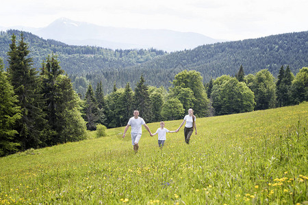父亲与孩子和母亲在森林和山丘的摇摆中图片