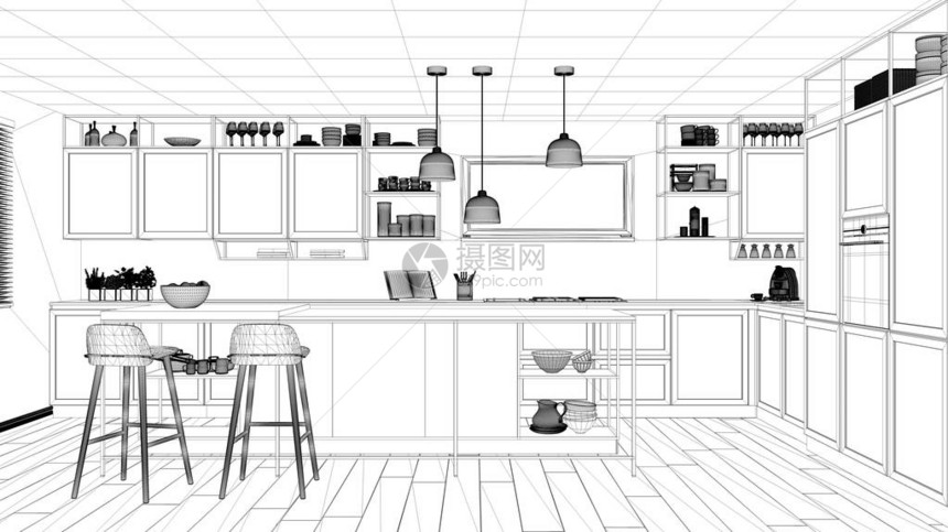 室内设计项目黑白墨水素描显示现代厨房的建筑蓝图带凳子和配件的岛图片