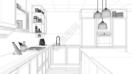 室内设计项目黑白墨水素描显示现代厨房的建筑蓝图带凳子和配件的岛图片