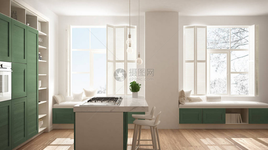 现代白色与绿色木质细节在现代豪华公寓与镶木地板复古室内设计建筑开放空间图片