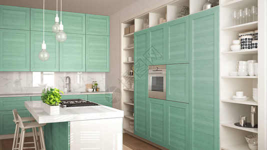 现代白色厨房配有绿松石木细节背景图片