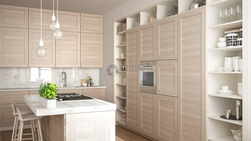现代白色厨房与木质细节在现代豪华公寓与镶木地板复古室内设计建筑开放空间图片
