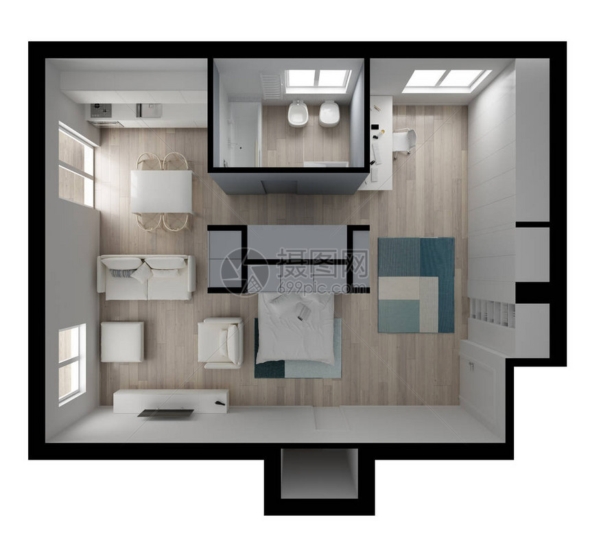 一室公寓平顶视图墨菲床家具和装饰平面图横截面室内设计建筑师设计师概念理图片