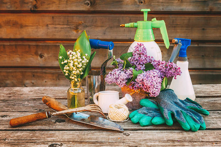 园艺工具喷壶铲子修枝剪耙子手套丁香花在谷仓的木桌上春天或夏天在花园里生态自然园艺背景图片