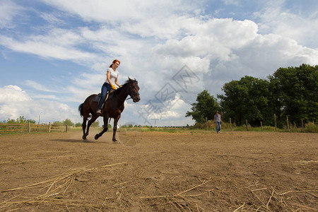 穿着白色T恤的红发妇女骑着马在田野上图片