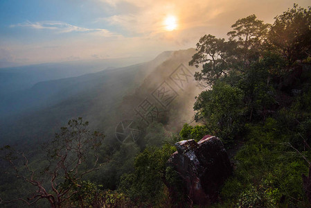 美妙的日出山地貌清晨在山顶风景丛林和悬崖热带森林上雾薄黄蓝天空背景图片