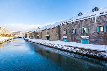 日本北海道冬季和雪季的大田运河风景美背景图片