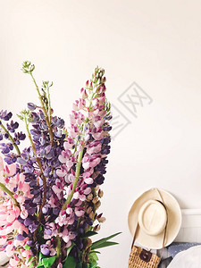 时尚的粉红色和紫色羽扇豆在花瓶中图片