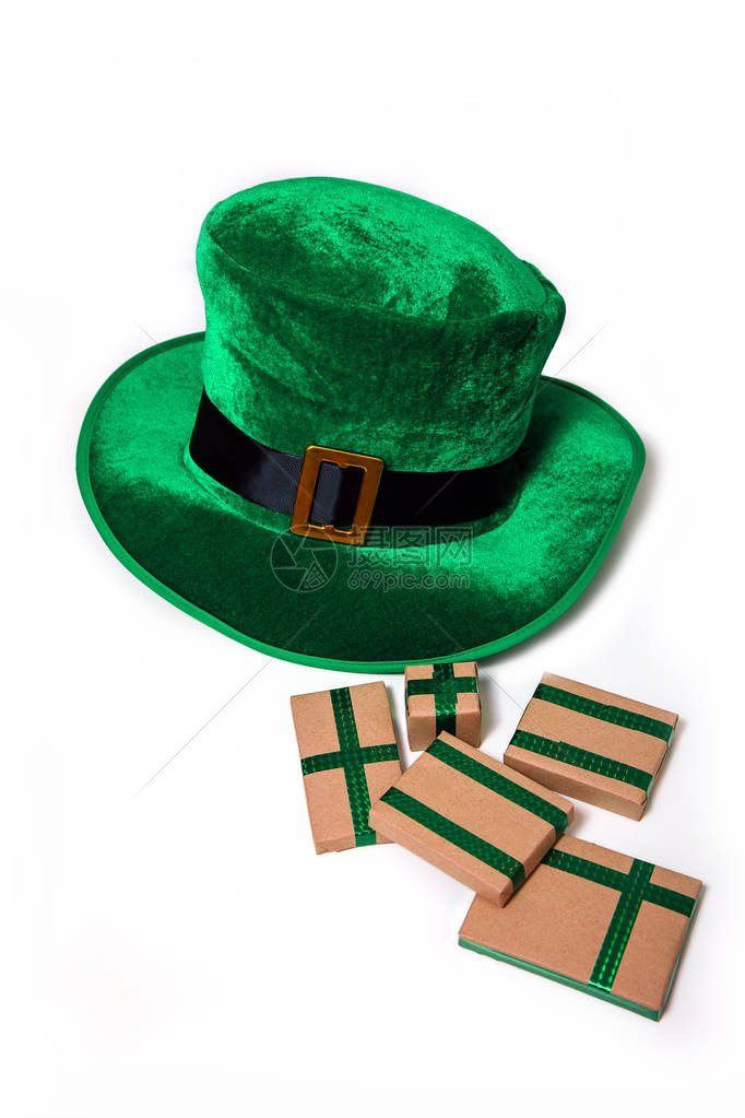 圣帕特里克日装帽一个妖精爱尔兰绿色帽子礼物在白色背图片