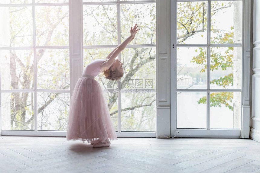 舞蹈课上的年轻古典芭蕾舞演员女孩美丽优雅的芭蕾舞女演员在白光大厅的大窗户附近穿着粉色短裙图片