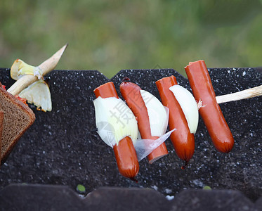 在木棍上烤香肠在火盆上野餐背景图片