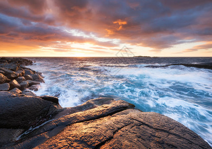 日出时的海景海边美丽的自然景观挪威罗弗敦群岛波浪和石头明图片