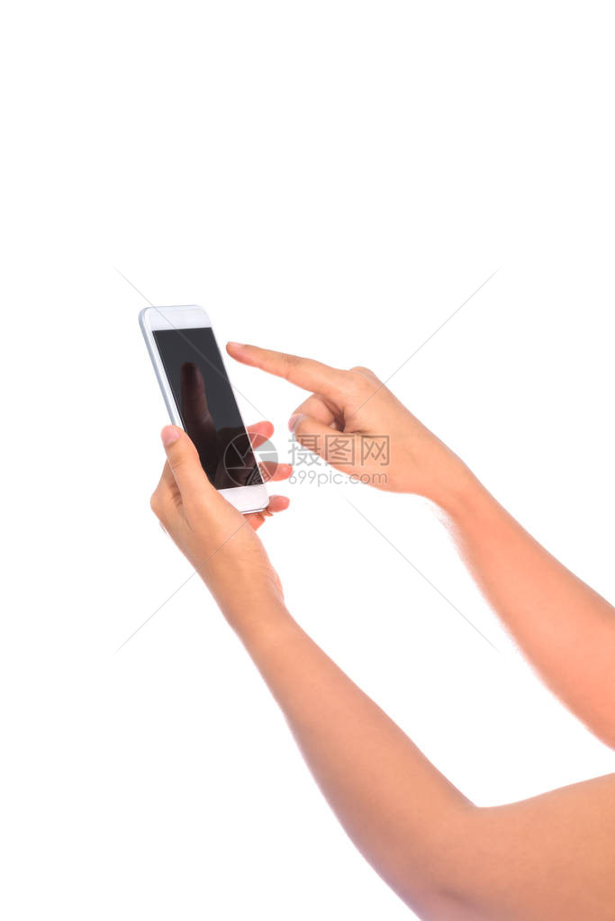 妇女手持和触摸智能手机与空白屏幕隔图片