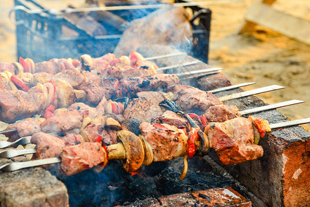 油炸多汁的肉在火上烤串从砖的火盆木炭和火焰烤架野背景图片