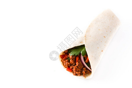 典型的墨西哥卷饼包装牛肉薯条和蔬菜图片