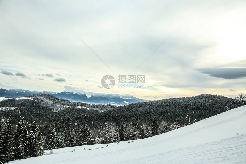 美丽的风景与山在冬日图片