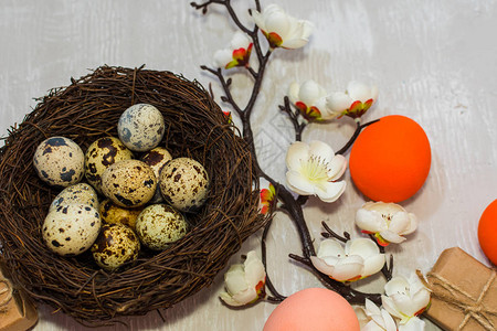 快乐复活节卡彩蛋巢中的鸡蛋图片