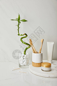 在白大理石底的花瓶中的绿竹干附近圆板上图片