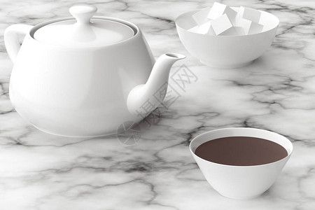 茶壶和糖旁边的一杯浓茶图片