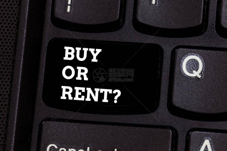 显示购买或出租问题的文本符号概念照片询问某人是否应该支付使用费或peranalysisent键盘意图创建计算机消息图片