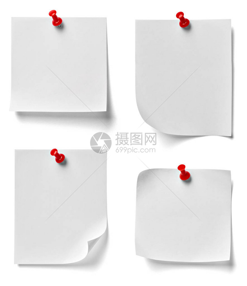 在白背景上用红色钉子在白色背景上绘制各种纸的备注集每个图片