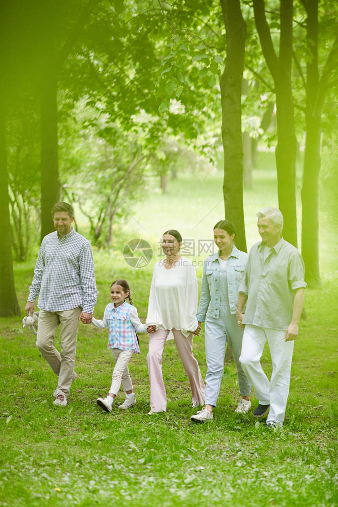 五口幸福家庭五口在夏季日在自然环境中图片