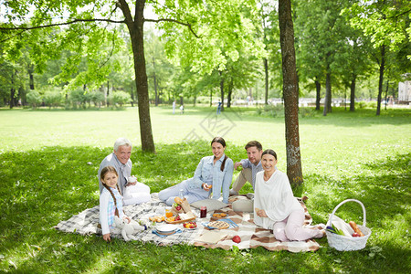 快乐的大家庭坐在公园绿草坪上享受图片
