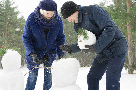 活跃的老夫妇修雪人肖像享受在美丽的冬季森林中漫步下图片