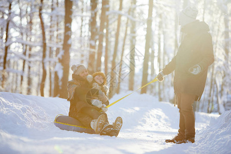快乐家庭在冬季森林享受雪橇骑乘的完整肖像图片