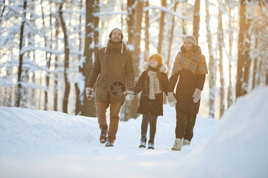 快乐的一家人握着亲手在冬季森林散步的全长肖像图片