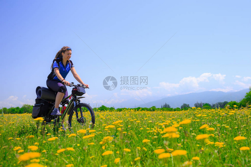 女孩旅游者乘自行车在高山背景的开花田中骑着自行车图片