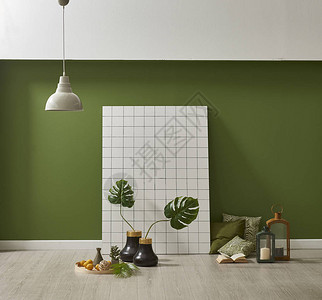 现代绿色壁纸用枕头和植物装图片