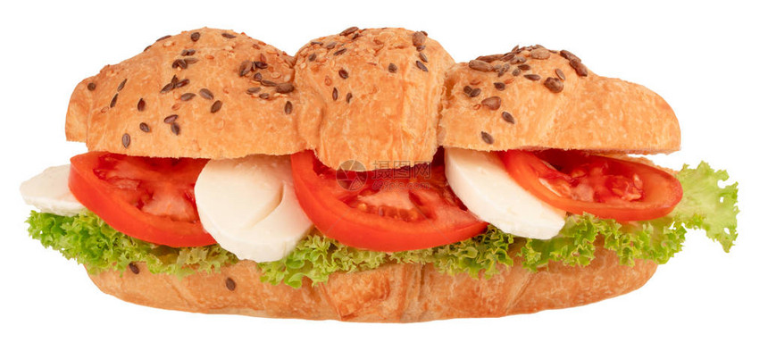 奶油和番茄的羊角面包三明治在白色图片