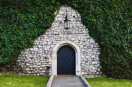 克雷格米勒古老的石质堡垒墙壁上的古董拱形锻铁门使用绿色茂盛的常春藤旧门上的美丽古董fnar童背景