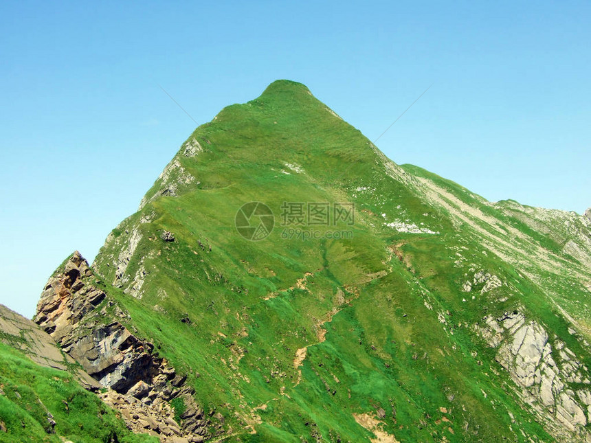 Alpstein山脉斜坡和Thur河谷的高山牧场和草地图片