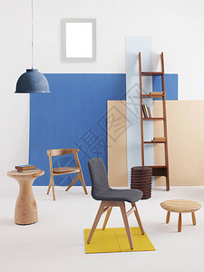 现代室内蓝色地毯和木制椅子配有木墙装图片