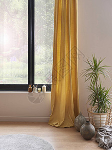 黄色窗帘和花园景色仍然在生活角落的客厅概念与图片