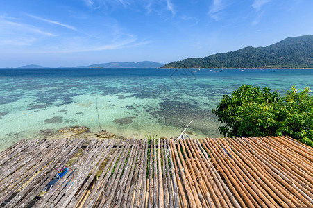 有热带海和蓝天的木板条屋顶图片