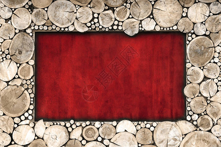 红色背景上锯木棕色木框图片