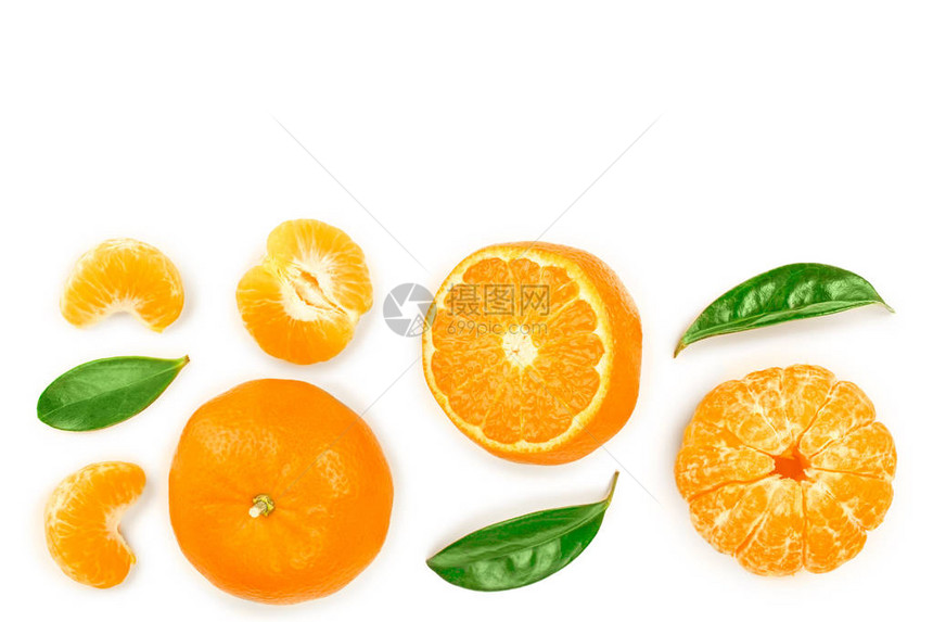 橘子或普通话与叶子隔离在白色背景与复制空间为您的文本图片