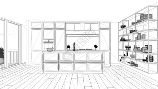 室内设计项目黑白墨水素描建筑蓝图展示了现代豪华公寓的经典厨房镶木地图片