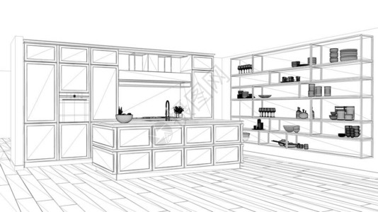 室内设计项目黑白墨水素描建筑蓝图展示了现代豪华公寓的经典厨房镶木地图片