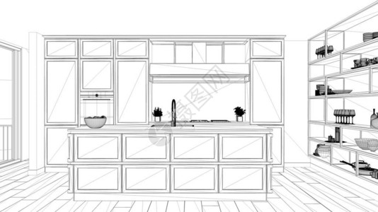 室内设计项目黑白墨水素描建筑蓝图展示了现代豪华公寓的经典厨房镶木地图片